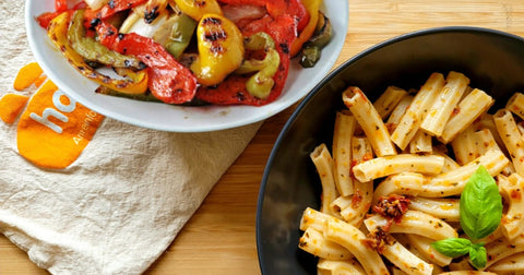 Pasta Pesto with Grilled Peppers & Onion